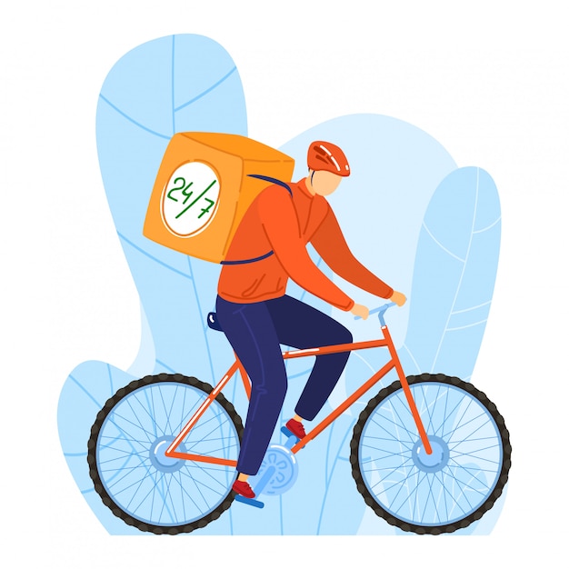 男性食品配達人キャラクターバイクに乗って 24 7 白 漫画イラストに分離された食事の供給を表現します 男は自転車を使用します プレミアムベクター