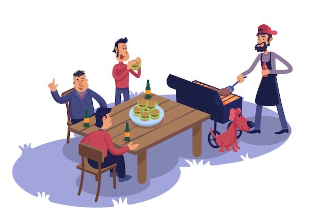 バーベキューフラット漫画イラストで男性の友人 男性は屋外でハンバーガーを調理して食べる プレミアムベクター