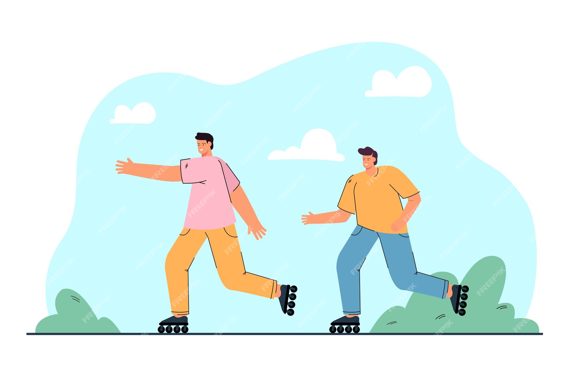 Free Vector | Male friends roller skating together flat illustration