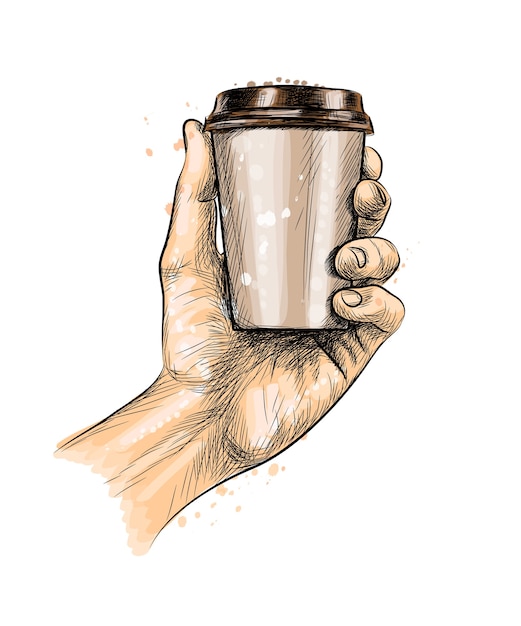 水彩のスプラッシュからコーヒーの紙コップを持っている男性の手 手描きのスケッチ 塗料のイラスト プレミアムベクター
