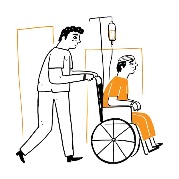 男性看護師は 患者が車椅子を押すのを手伝って 手描きのベクトルイラスト落書きスタイル 無料のベクター