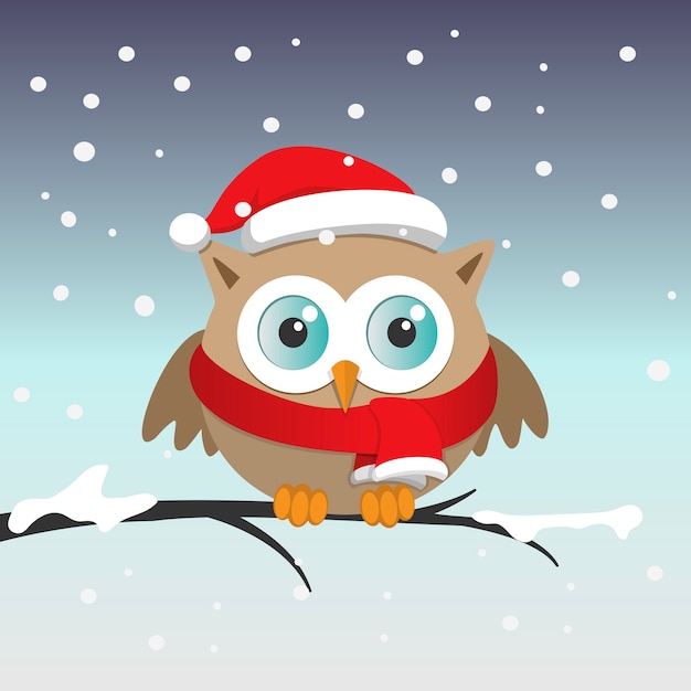 Premium Vector | Male owl with santa claus hat on a branch in a snowy day