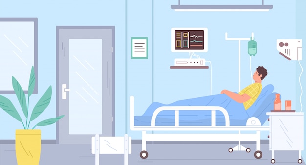 現代の集中治療室ベクトルフラットイラストでベッドに横たわっている男性患者 病院のインテリアでスポイトで病人 診療所の家具および装置 治療中に病棟にいる男 プレミアムベクター