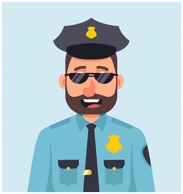 Premium Vector | Male policeman with glasses smiling in blue uniform.