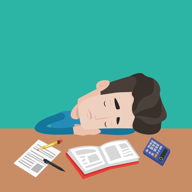 Male Student Sleeping At The Desk With Book Premium Vector