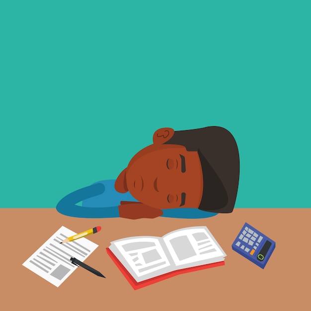 Male Student Sleeping At The Desk With Book Premium Vector
