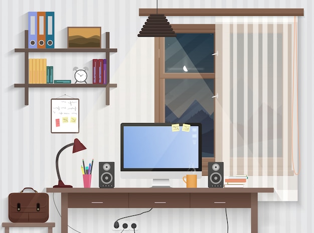 Male Teenager Room With Workplace Premium Vector