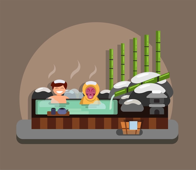 伝統的な温泉イラストコンセプトに浸る男と猿 プレミアムベクター