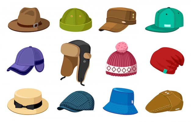男と女の帽子 エレガントなモダンでレトロな帽子とキャップ スタイリッシュなファッションの男性と女性のアクセサリーイラストアイコンセット 冬の頭 頭飾り 帽子の帽子ファッション プレミアムベクター