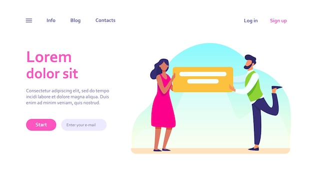 テキストとバナーを保持している男性と女性 吹き出し アナウンス 情報webテンプレート 無料のベクター