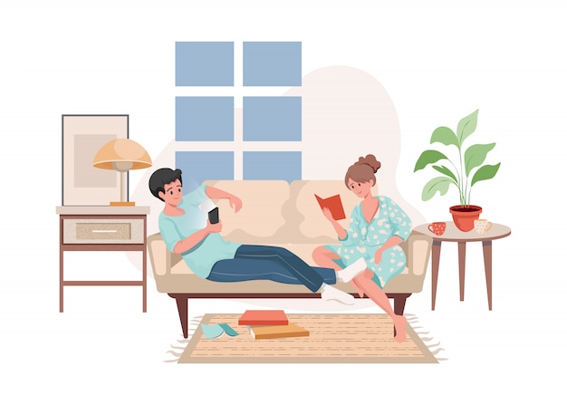 男と女がソファーに座って インターネットでネットサーフィンし 本を読んでフラットイラスト プレミアムベクター