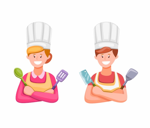 プレミアムベクター 白い背景の上の漫画イラストのキッチンシンボルイラストで料理をする男性と女性