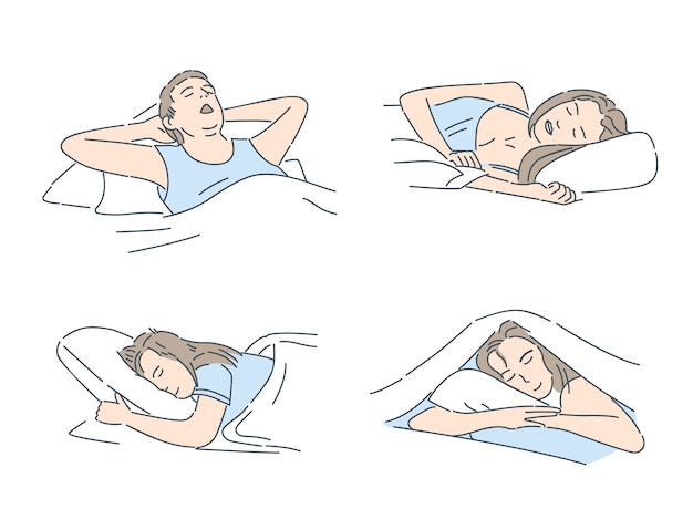 男とベッドで寝ている女性漫画イラスト 平和に眠り リラックスして甘い夢のコンセプト プレミアムベクター