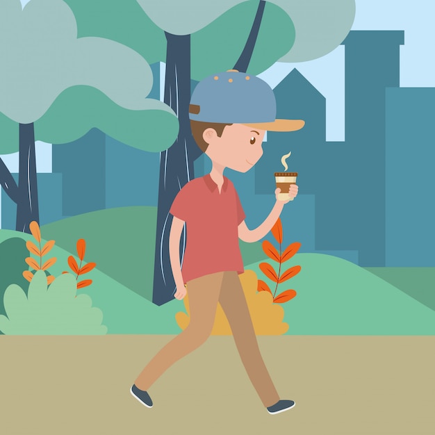 Free Vector | Man cartoon with coffee mug in the park