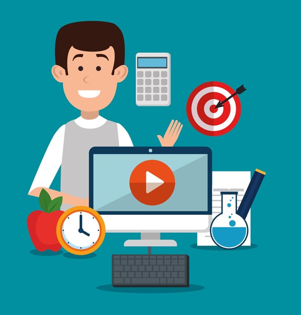 Man character with education on line icons Premium Vector