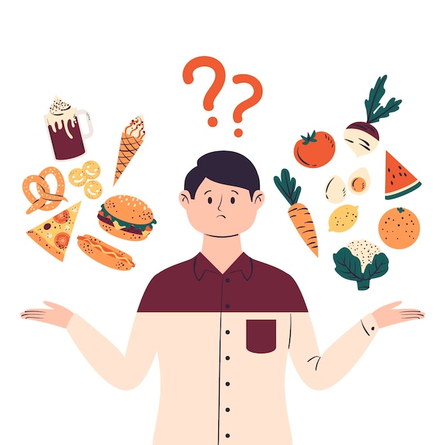 Premium Vector | Man Choosing Between Healthy Or Unhealthy Food ...