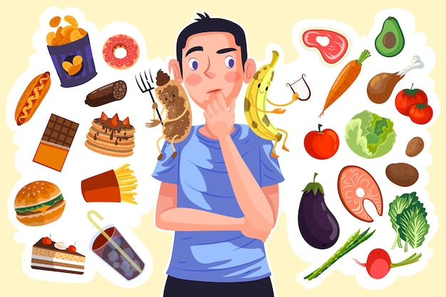 Man choosing between healthy or unhealthy food | Free Vector