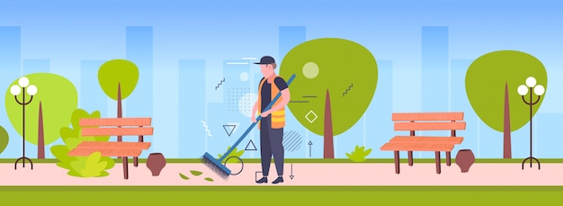 Premium Vector | Man cleaner sweeping street from leaves with broom