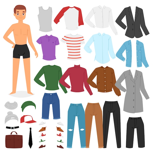 プレミアムベクター 男の服の男の子のキャラクターは ファッションパンツや靴のイラストの服を着せ替えカッティングキャップまたは白い背景のtショートの 男性布のボーイッシュなセット