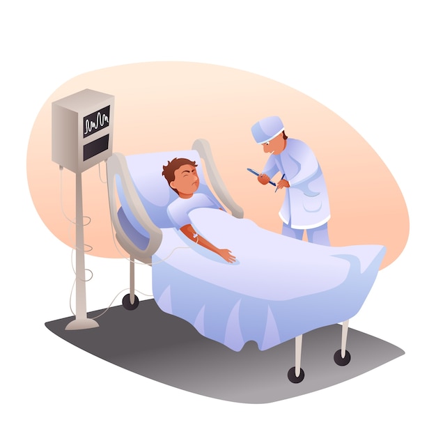 Premium Vector | Man in coma and doctor in hospital ward cartoon ...
