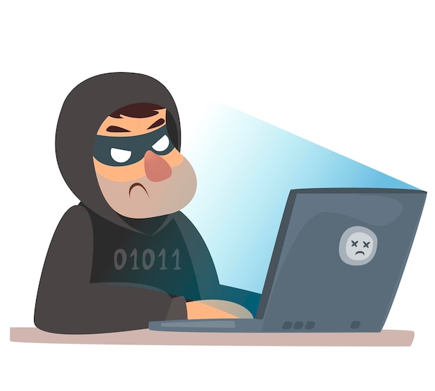 Premium Vector | A man at a computer in a criminal mask computer ...