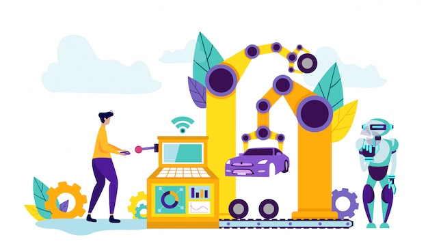 Man controls technology in car factory. Premium Vector