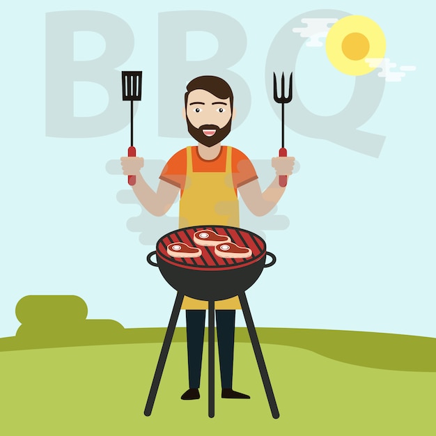 Premium Vector | Man cook grill meat on bbq