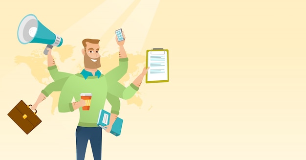 Man coping with multitasking. Premium Vector