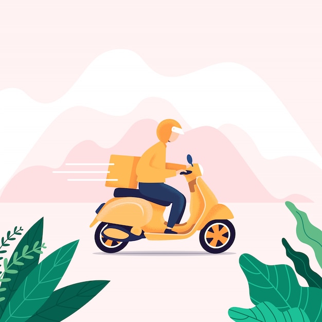 Man courier riding scooter with parcel box fast delivery . Premium Vector