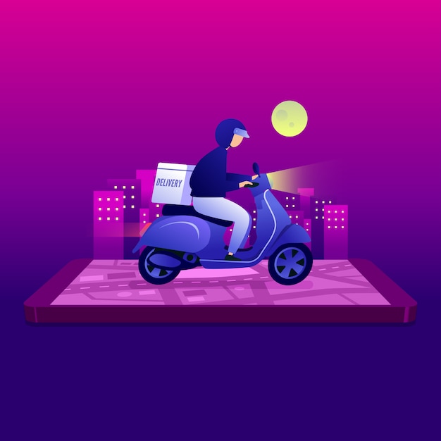 Man courier riding scooter with parcel box on mobile phone and city background. Premium Vector
