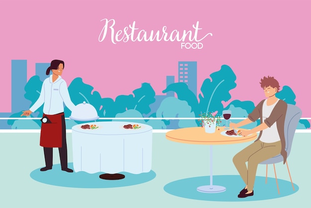 レストランで食事をする人とウェイターのテーブルイラストデザインを提供 プレミアムベクター