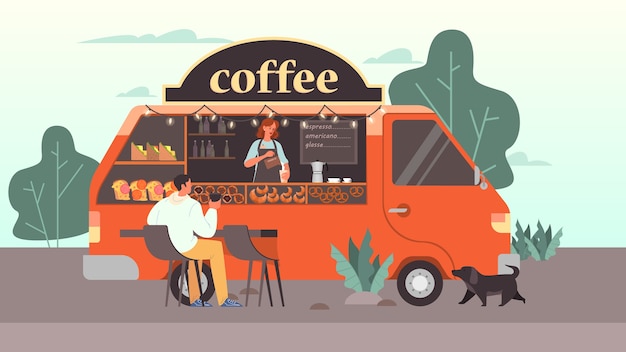  Man drink coffee in mobile coffee shop track. modern street food truck van, barista maing a cappucc