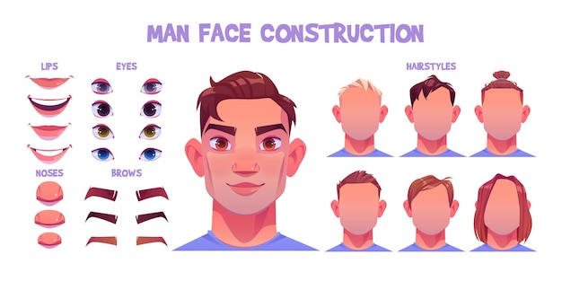 男の顔コンストラクター 白人男性キャラクター作成ヘッドのアバター 髪型 鼻 眉毛と唇の目 無料のベクター