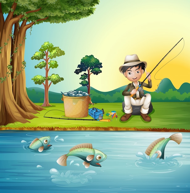 Premium Vector | Man fishing by the river