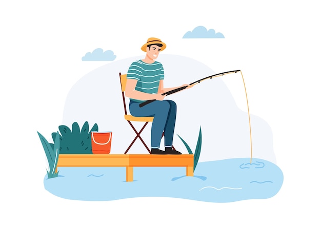 男釣り 魚を待っている釣り竿と椅子に座っている男 屋外の夏の趣味 プレミアムベクター