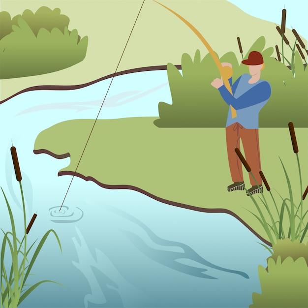 Download Man fishing in lake cartoon vector illustration | Premium ...