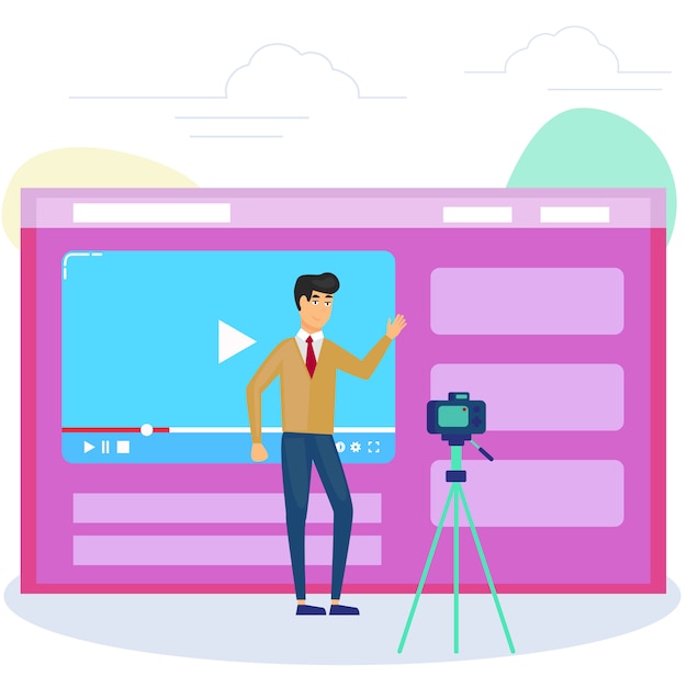 Man in front of camera recording a video to share it in internet. video bloging, web television or embedded video concept. Premium Vector