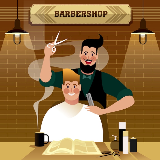 男は理髪店 流行に敏感な都市生活イラストで散髪を取得します プレミアムベクター