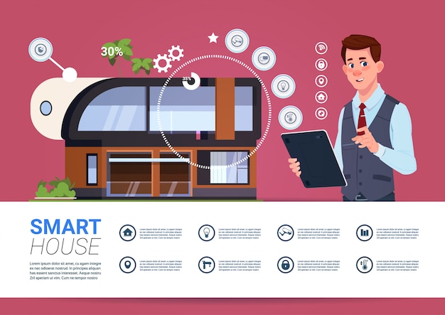 Man holding digital tablet with smart home management system interface concept Premium Vector
