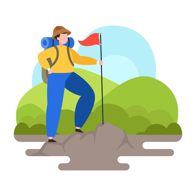 Premium Vector | Man holding flag, hiking illustration