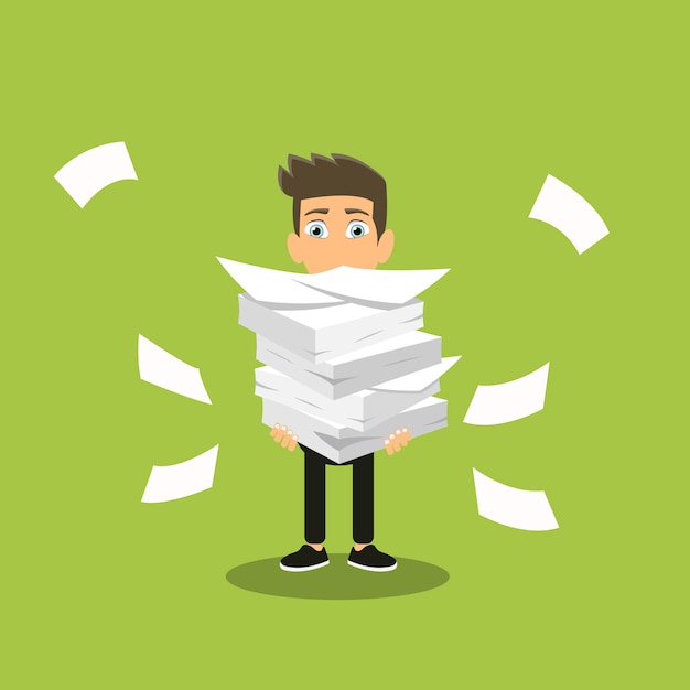 Man holds pile of office papers | Premium Vector