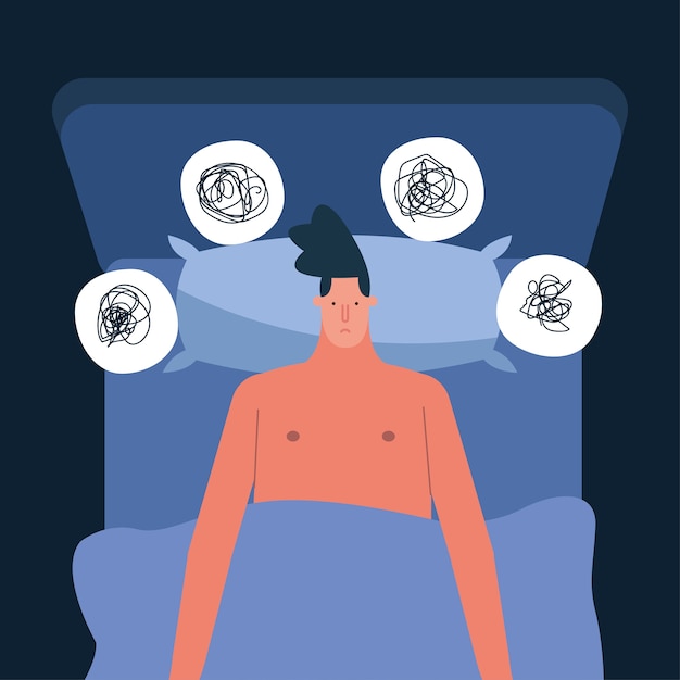 不眠症の文字ベクトルイラストデザインに苦しんでいるベッド思考の問題の男 プレミアムベクター