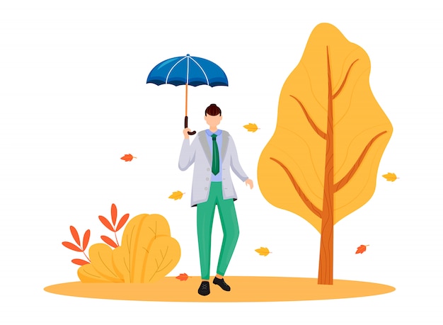 グレーのジャケットフラットカラーの顔のない文字の男 雨天 秋の自然 傘を持つおしゃれな男性 雨の日 白い背景の上の白人男分離漫画イラストを歩く プレミアムベクター