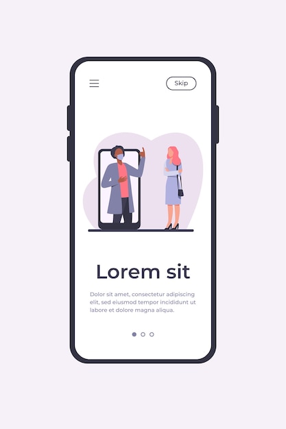 女性に何かを説明する電話画面のマスクの男 スマートフォン 検疫 ウイルスフラットベクトルイラスト バナー ウェブサイトのデザイン またはランディングウェブページのパンデミックと保護の概念 無料のベクター