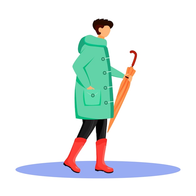 レインコート色の顔のないキャラクターの男 ゴム長靴で白人の男を歩いています 雨天 秋の雨の日 白い背景の上の隔離された漫画イラストを手に傘を持つ男性 プレミアムベクター