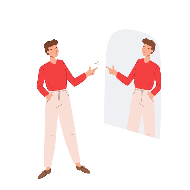 Premium Vector | Man looking in the mirror and showing hand gesture of  support and understanding to his reflection.guy expresses positive message  to his mirroring. concept of self-love and acceptance.flat illustration