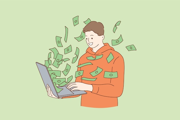 インターネットイラストでお金を稼ぐ男 | プレミアムベクター