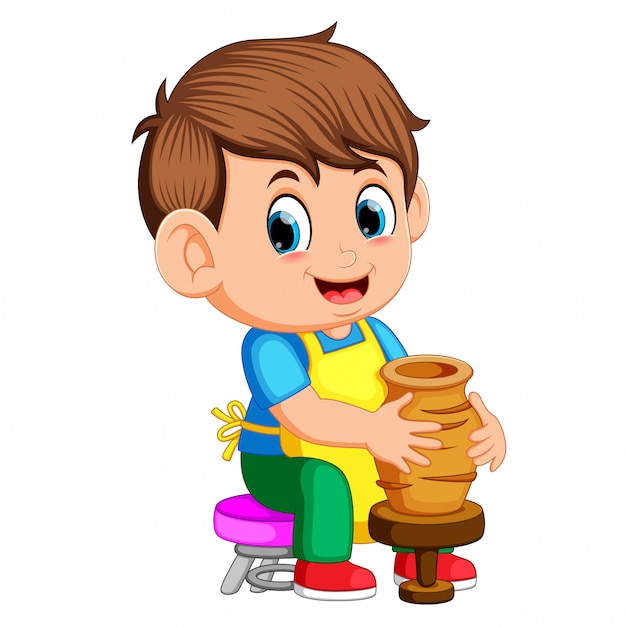 Download A man molding a vase of clay on a potter's wheel in a pottery workshop | Premium Vector