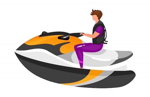 ボートフラットイラストの男 エクストリームスポーツの経験 アクティブなライフスタイル 夏休みのアウトドア楽しいアクティビティ 白い背景の上のスピードボート分離の漫画のキャラクターのスポーツマン プレミアムベクター