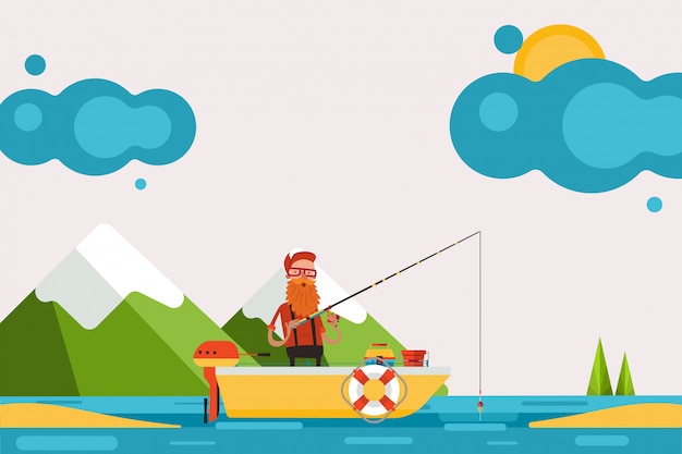 釣り イラストに従事しているモーター付きのボートの男 絵のような場所にいるキャラクターが釣り竿を持って魚を捕まえる プレミアムベクター